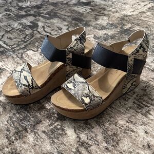 Pierre Dumas Black and Tan Snakeskin Wedges